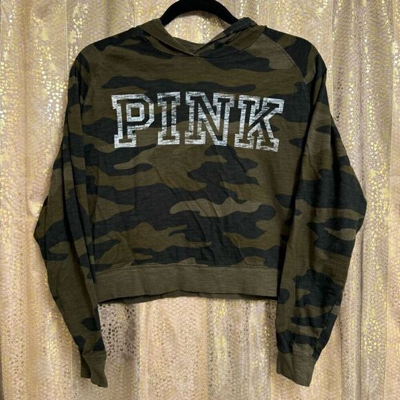 PINK Victorias Secret Camo Army Green Cropped Hoodie Top XS/S - Picture 1 of 4